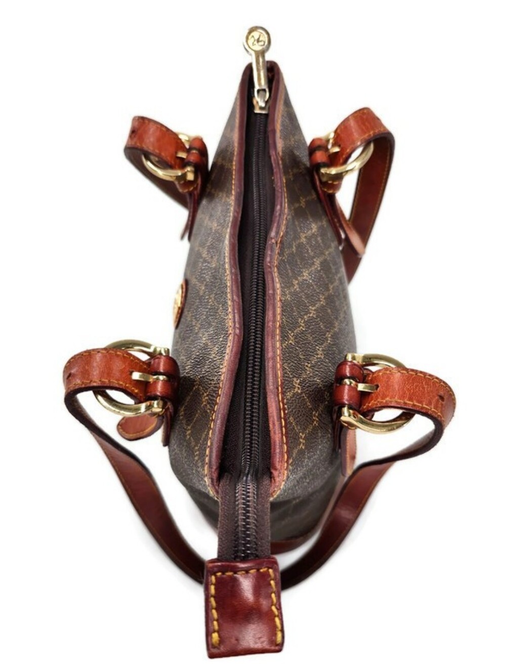 Rioni Brown Coated Canvas Gold Monogram Pattern & Leather Shoulder Bucket Bag - Picture 8 of 14